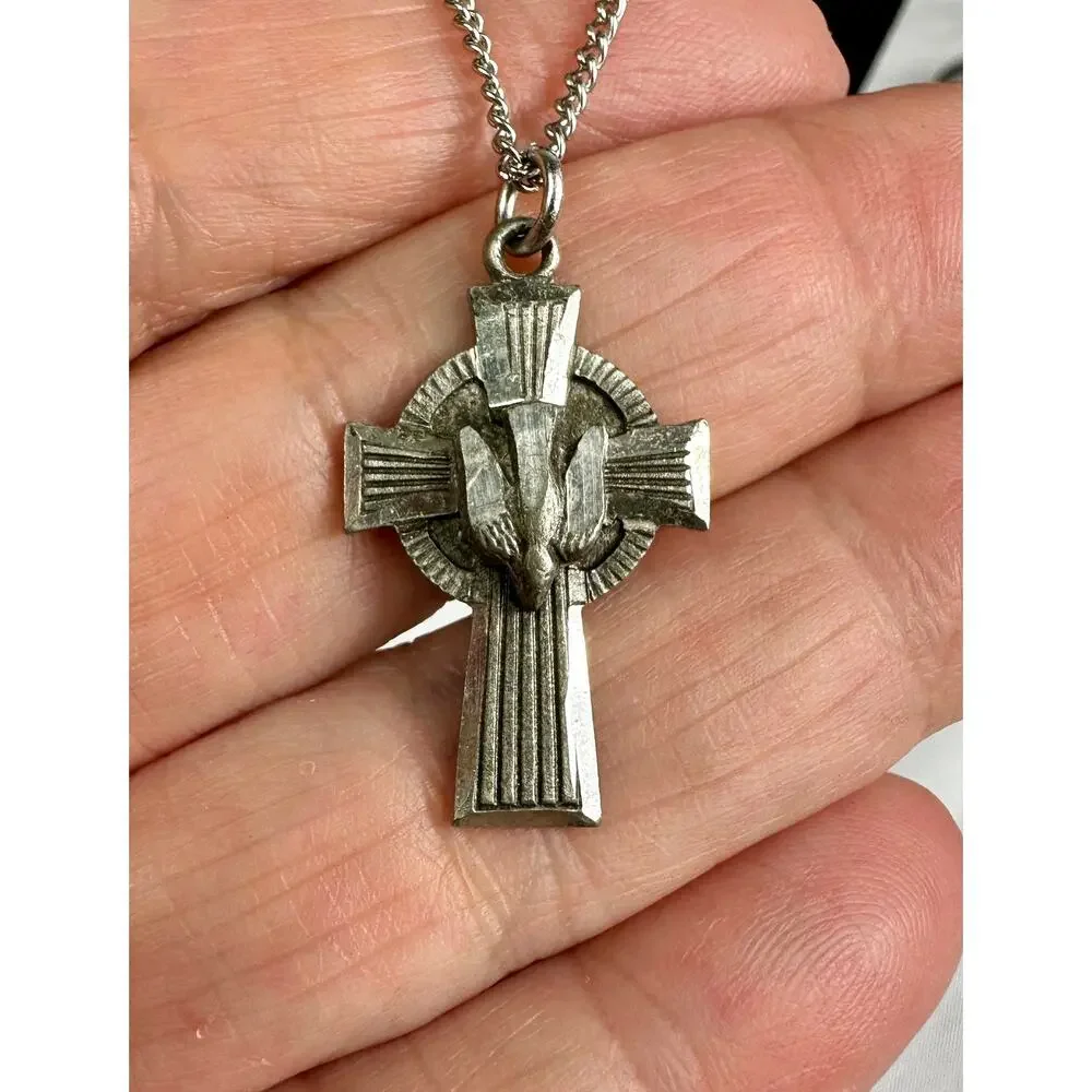 Vintage Pewter Catholic Holy Spirit Confirmation Cross Pendant Necklace